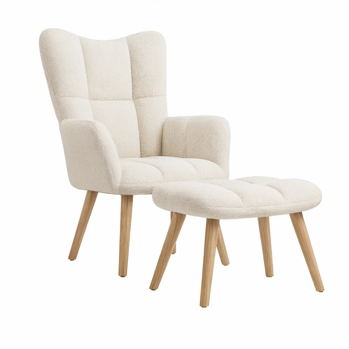 Cream Boucle Wingback Armchair with Ottoman, Natural Rubberwood Legs, Armchair 31.5 x 33.1 x 41.7 in, Ottoman 24.8 x 18.9 x 16.1 in
