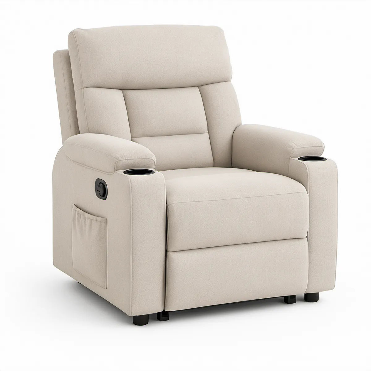 Beige Manual Recliner with Cup Holders and Side Pocket, 35.4 x 38.6 x 41.3 in