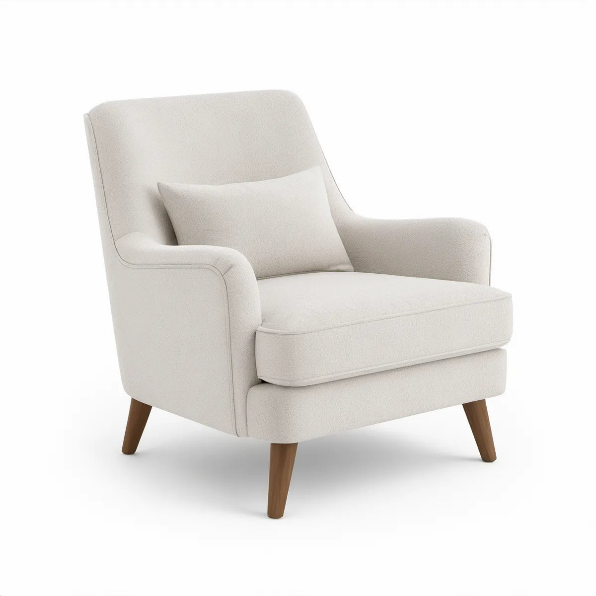 Ivory Upholstered Accent Armchair with Pillow, 31.5 x 35 x 37 in, Brown Rubberwood Legs