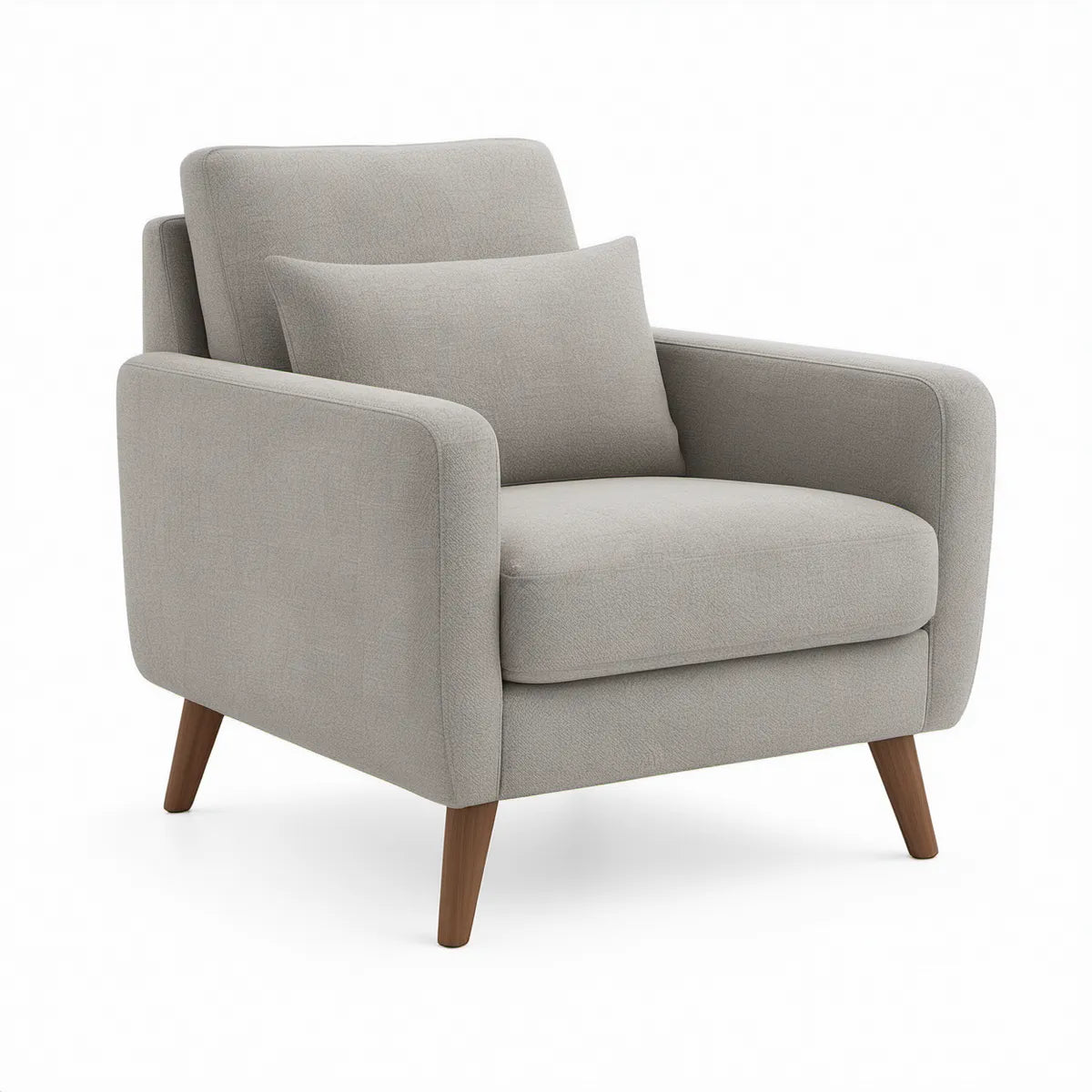 Light Gray Upholstered Armchair with Lumbar Pillow and Walnut Brown Legs, 33 x 34 x 35 in
