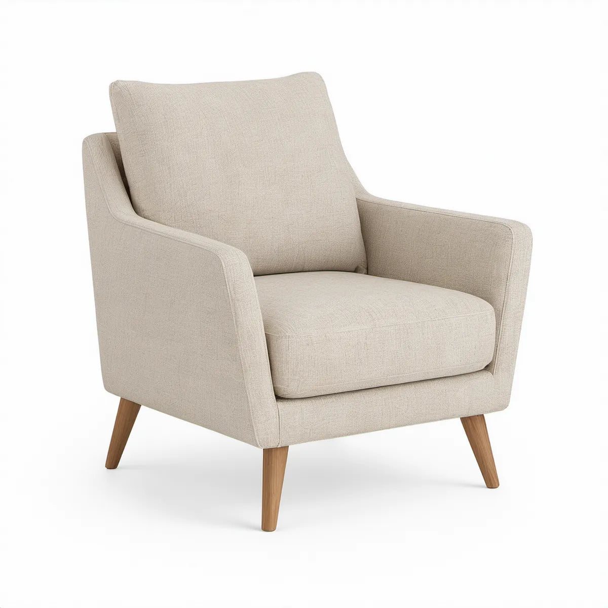 Beige Upholstered Accent Armchair with Brown Solid Rubberwood Legs, 31.5 x 33 x 35 in