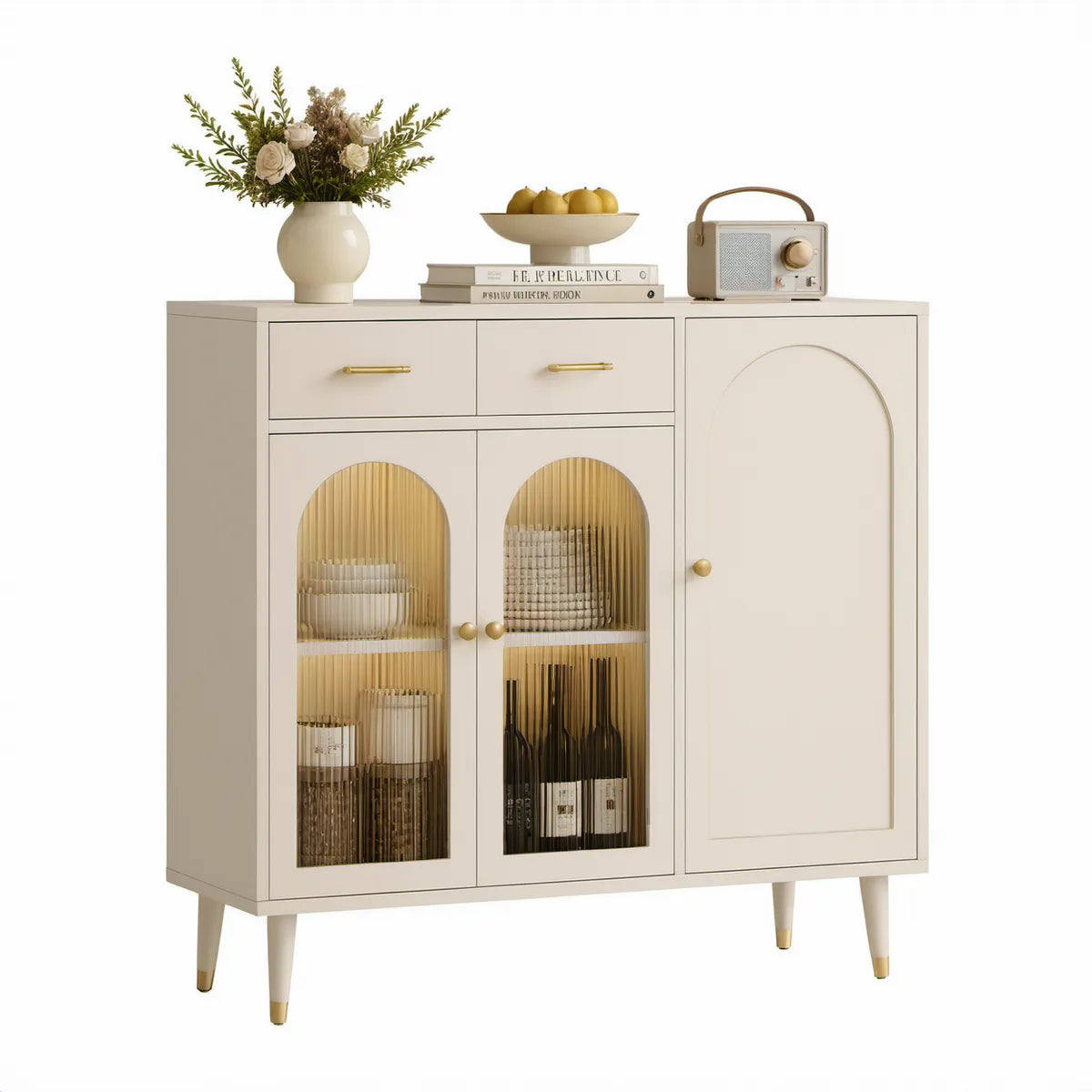 47.2 in Cream Storage Cabinet with Gold Hardware, Amber Fluted Tempered Glass Doors and 2 Drawers