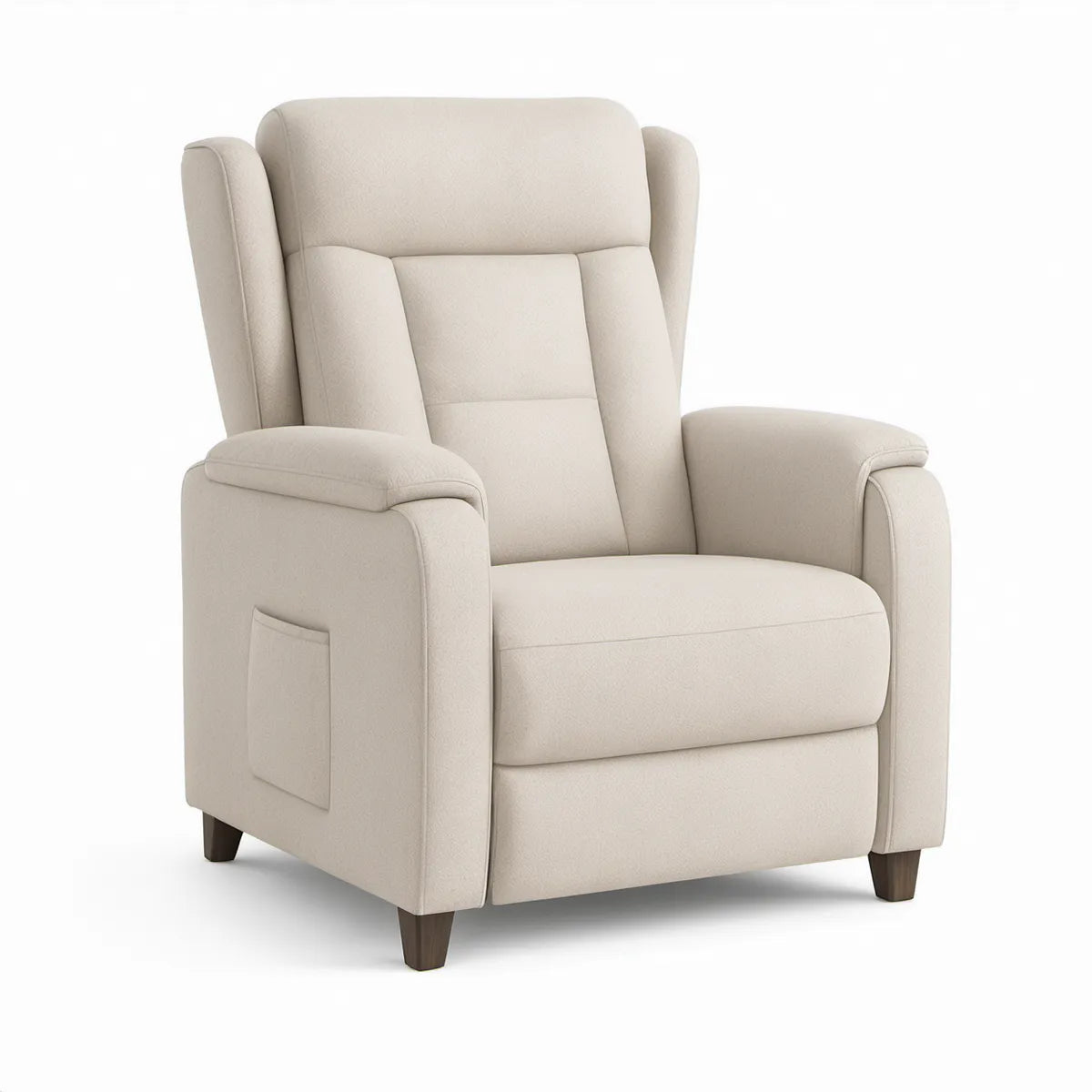 Cream Upholstered Wingback Armchair with Side Pocket, 35 x 38 x 43 in.
