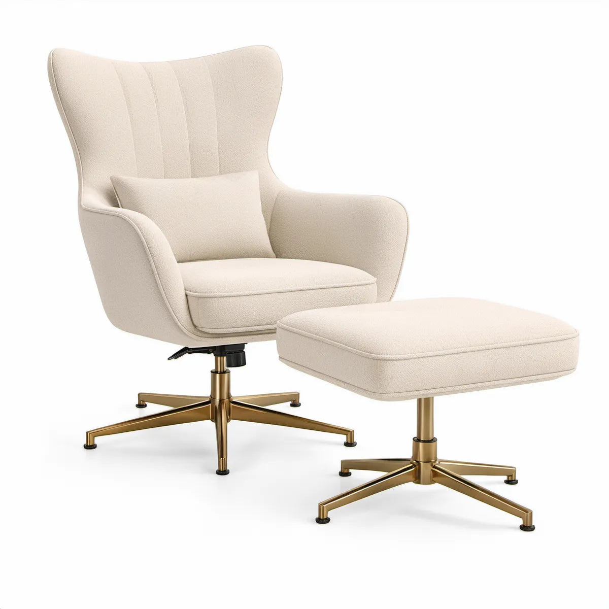 Cream Swivel Wingback Armchair with Ottoman, Gold Steel Base, 31.5 x 33.5 x 43.3 in