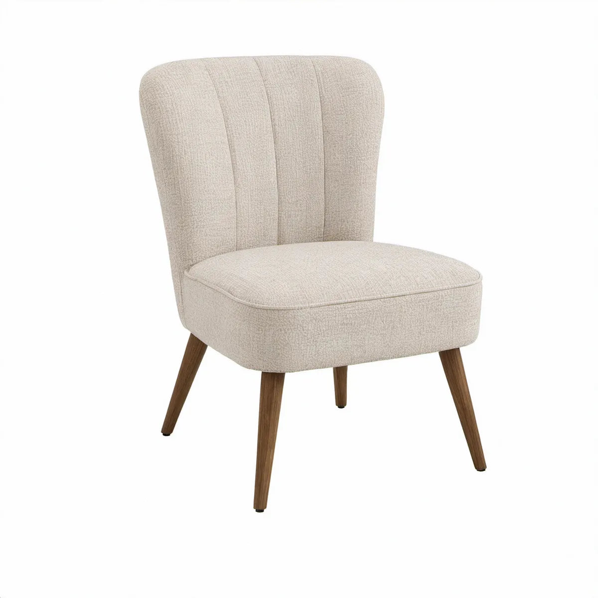 Beige Curved-Back Upholstered Accent Chair, 27.6 in W x 30.7 in D x 35 in H, Brown Rubberwood Legs