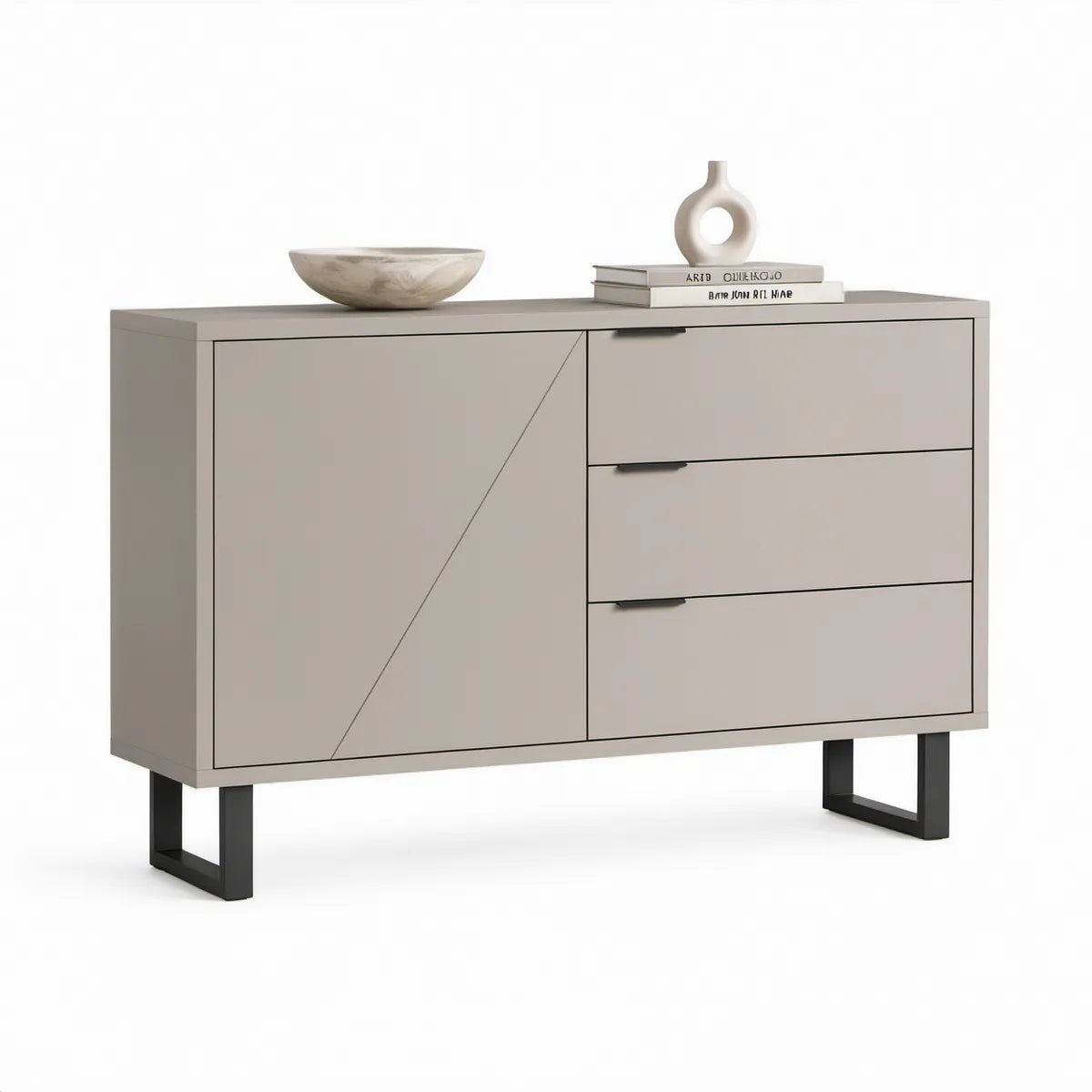 Contemporary Taupe and Black MDF Storage Cabinet with 3 Drawers, 63 x 16 x 33 in
