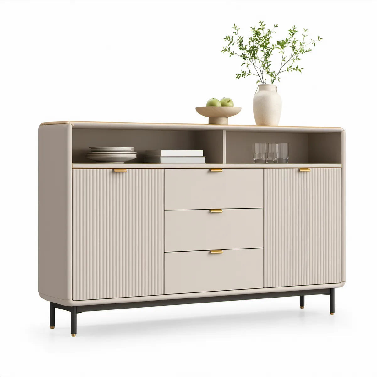Cream Fluted Sideboard with 3 Drawers, 2 Doors and Open Storage, 63 in W x 15.7 in D x 33.5 in H