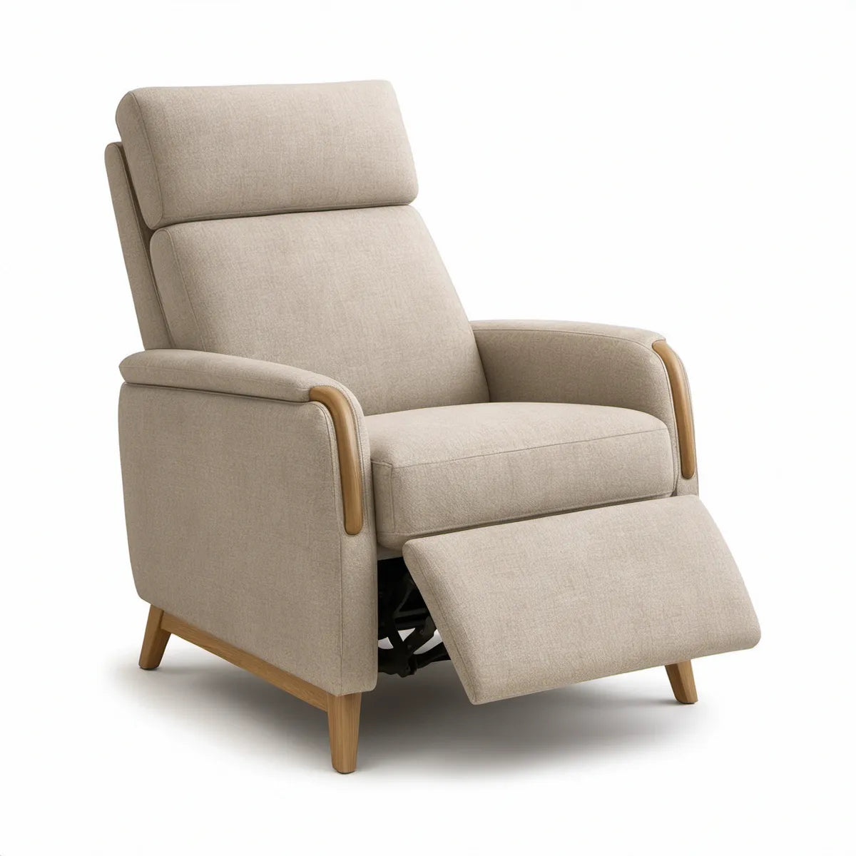 Beige Manual Reclining Armchair with Natural Brown Wood Accents, 35.4 x 36.2 x 40.2 in