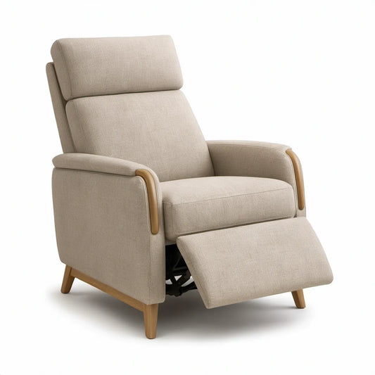 Beige Manual Reclining Armchair with Natural Brown Wood Accents, 35.4 x 36.2 x 40.2 in