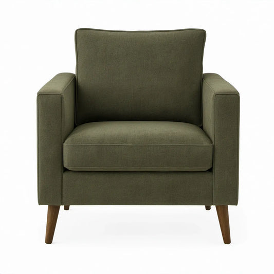 Olive Green Polyester Square Armchair with Walnut Brown Legs, 31.5 in W x 35 in D x 37 in H