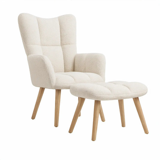 Cream Boucle Wingback Armchair with Ottoman, Natural Rubberwood Legs, Armchair 31.5 x 33.1 x 41.7 in, Ottoman 24.8 x 18.9 x 16.1 in
