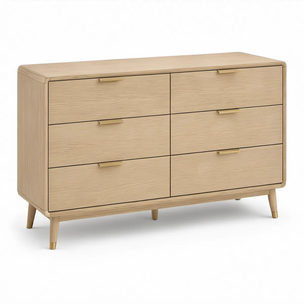 6-Drawer Low Dresser, Light Natural Oak with Brass Accents, 60 x 18 x 34 in