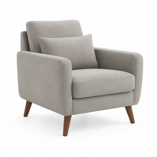 Light Gray Upholstered Armchair with Lumbar Pillow and Walnut Brown Legs, 33 x 34 x 35 in