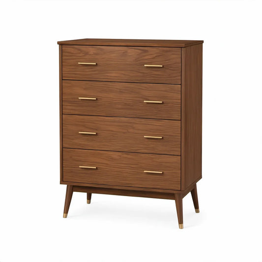 Mid-Century Walnut Brown 4-Drawer Chest, 32 x 18 x 48 in