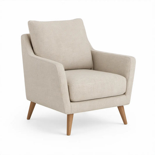 Beige Upholstered Accent Armchair with Brown Solid Rubberwood Legs, 31.5 x 33 x 35 in