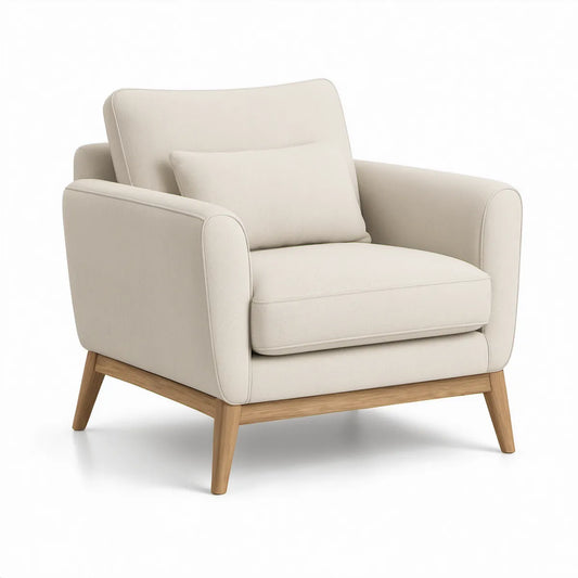 Cream Upholstered Armchair with Natural Wood Legs, 32.3 x 34.6 x 34.6 in