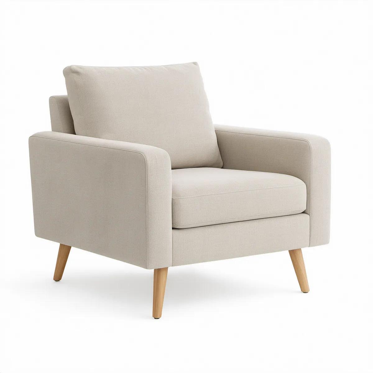 Cream Polyester Upholstered Armchair with Natural Wood Legs, 33.5 x 35 x 34.5 in