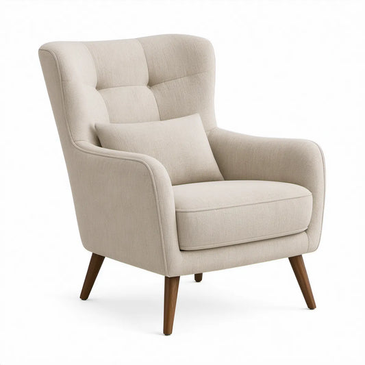 Beige Wingback Accent Chair with Lumbar Pillow, Brown Wood Legs, 32 x 35 x 40 in