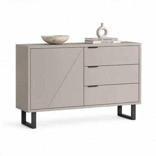 Contemporary Taupe and Black MDF Storage Cabinet with 3 Drawers, 63 x 16 x 33 in