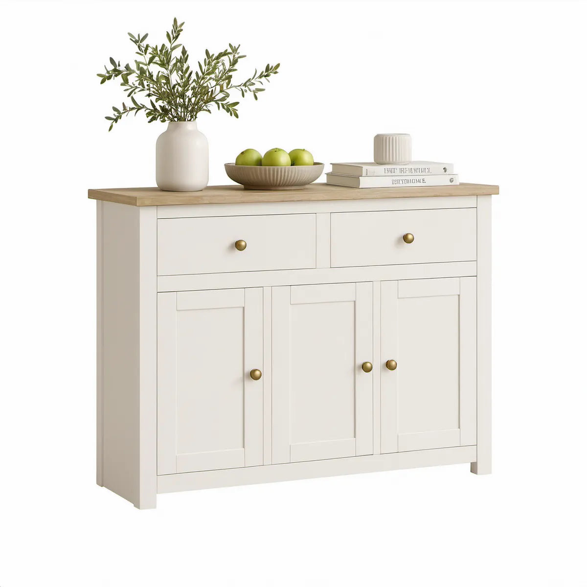 47.2 in White and Natural Wood Grain Storage Cabinet with 2 Drawers and 3 Doors, Bronze Knobs