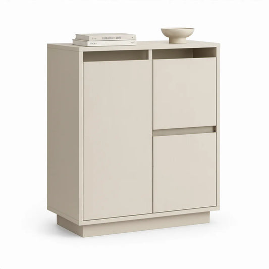 Cream Engineered Wood Sideboard with 3 Doors and 2 Open Compartments, 31.5 x 15.7 x 39.4 in