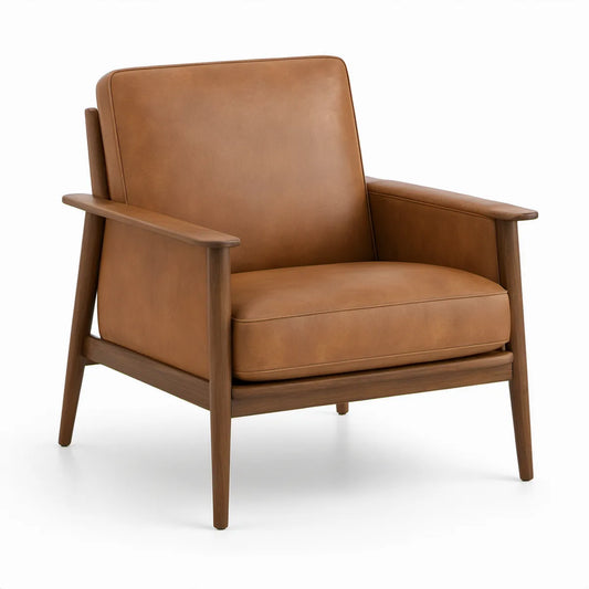 Cognac Brown Faux Leather Armchair with Walnut Brown Rubberwood Frame, 30.3 in W x 33.1 in D x 34.6 in H